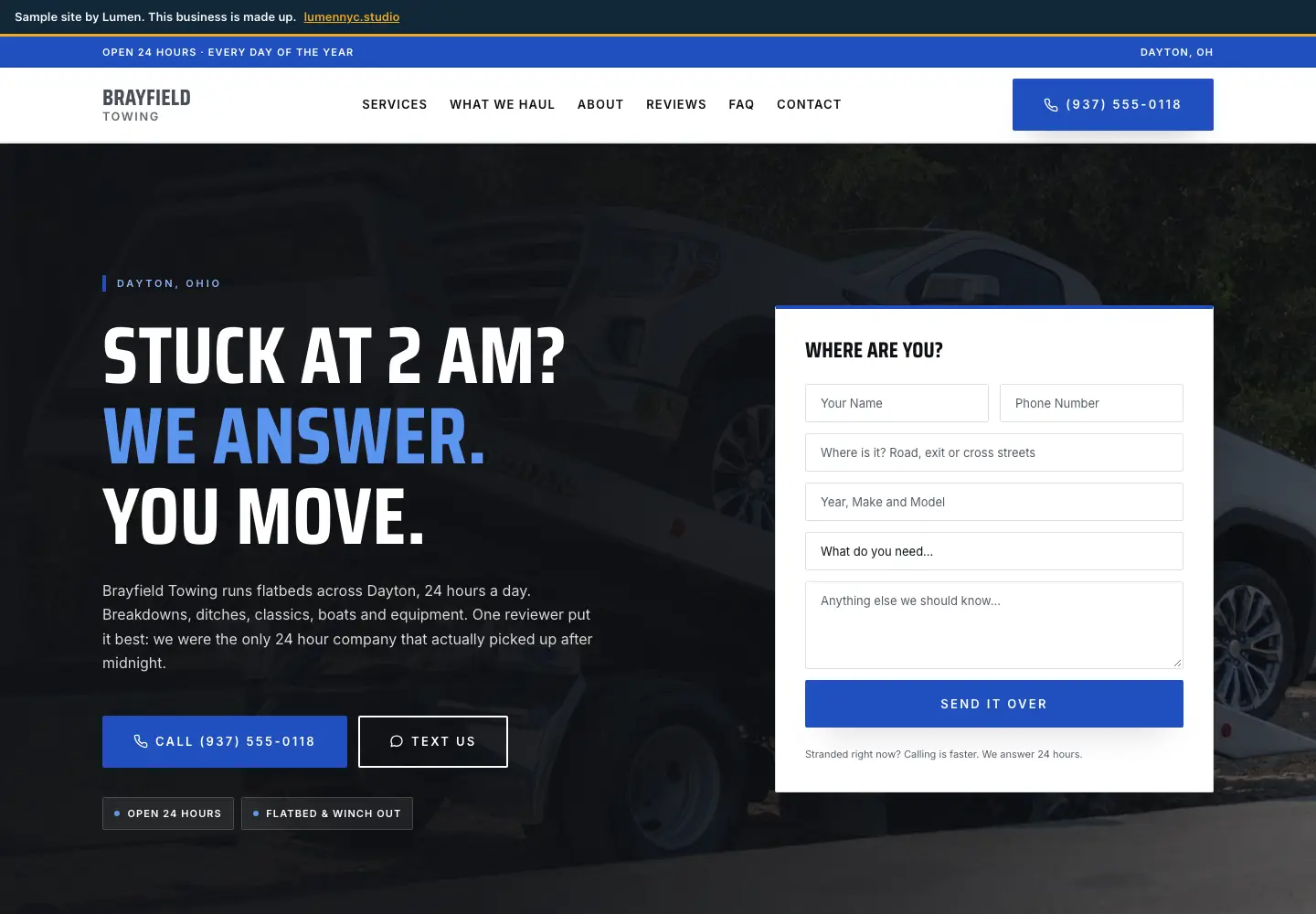 The Brayfield Towing sample site on a desktop screen