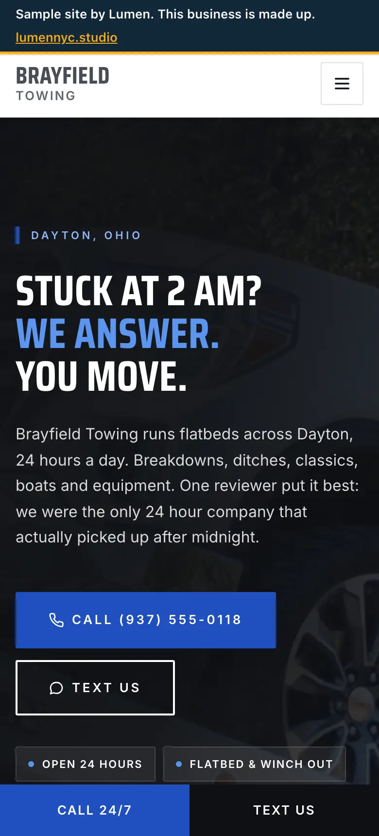 The Brayfield Towing sample site on a phone screen