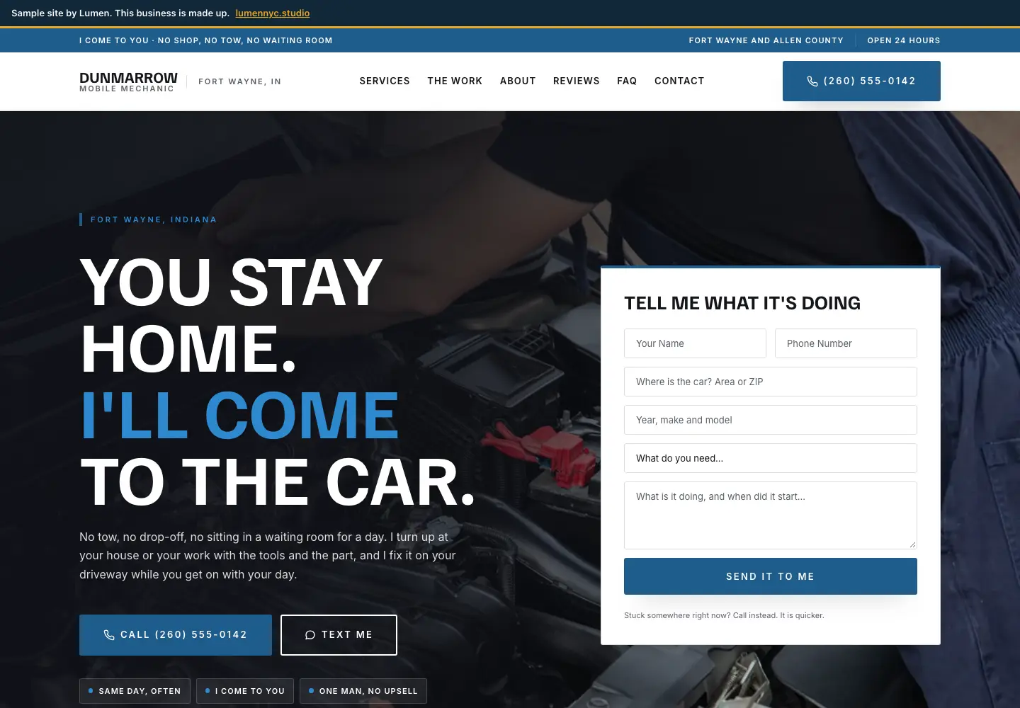 The Dunmarrow Mobile Mechanic sample site on a desktop screen