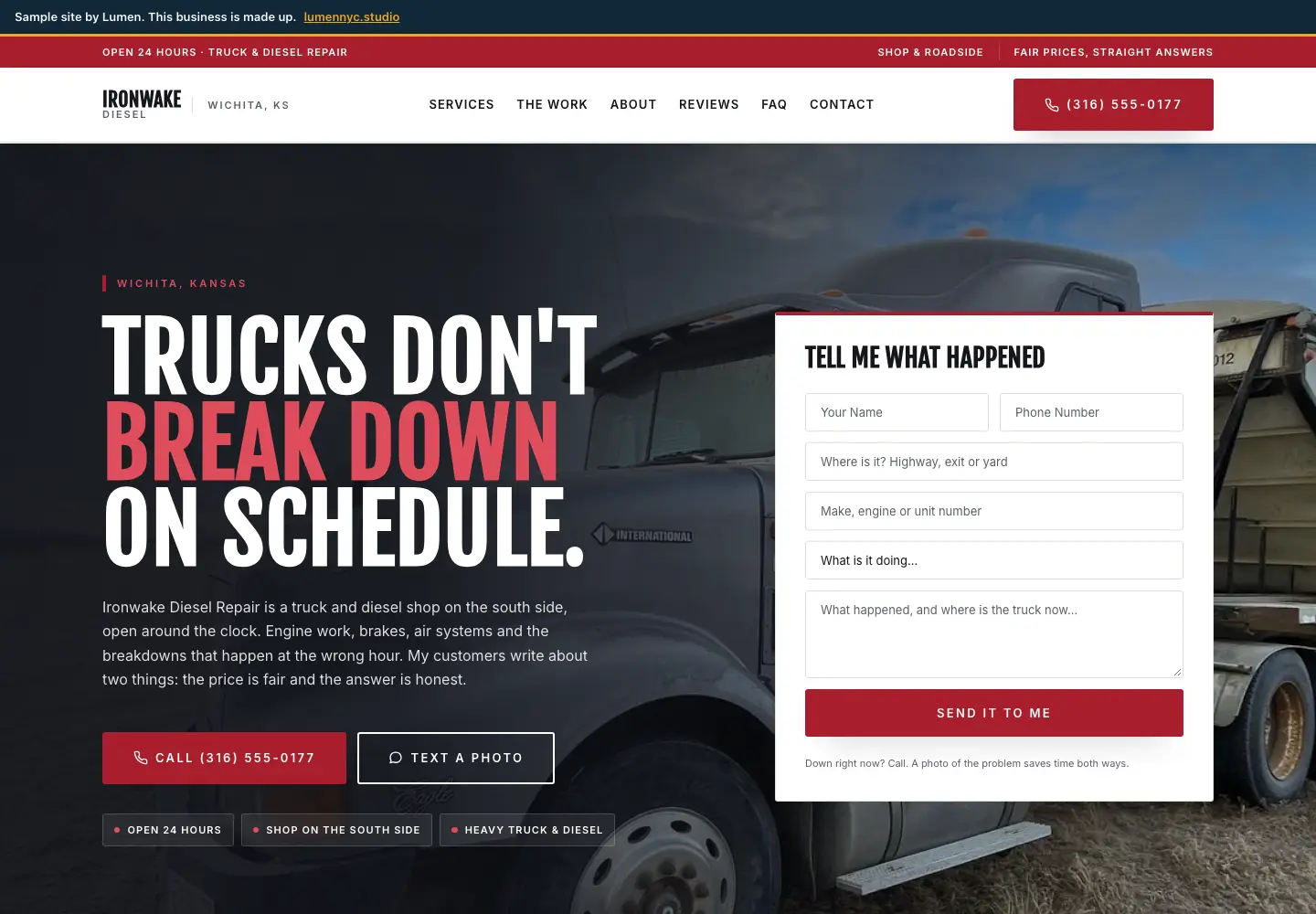 The Ironwake Diesel Repair sample site on a desktop screen