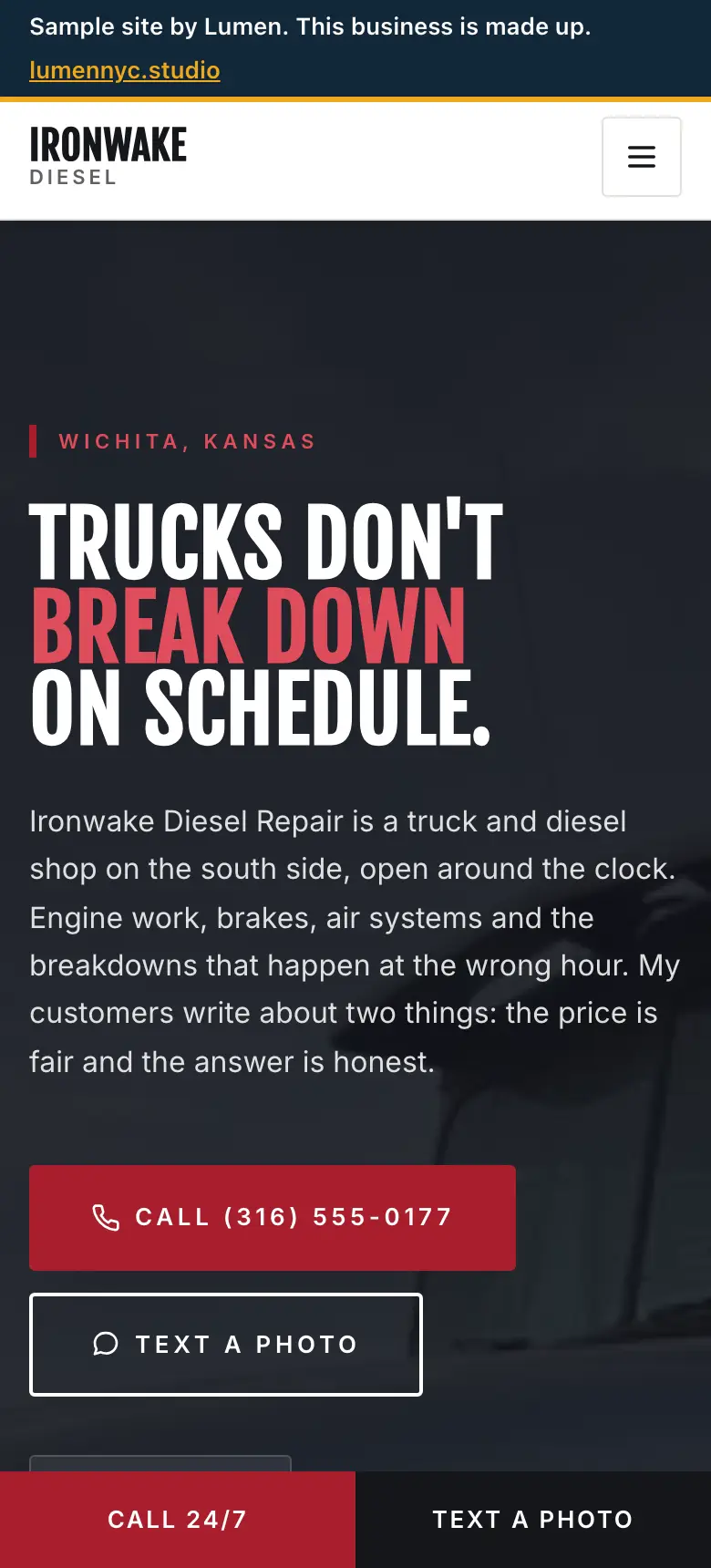 The Ironwake Diesel Repair sample site on a phone screen